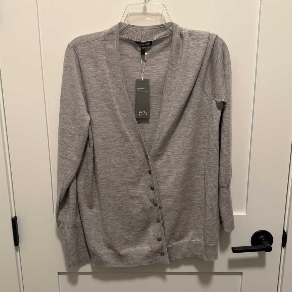 $378 NWT Eileen Fisher Large Gray Featherweight Cashmere V-neck Cardigan DKPRL